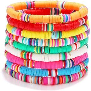 Surfer Heishi Bracelets for Women Stackable Rainbow Vinyl Disc Clay Beaded